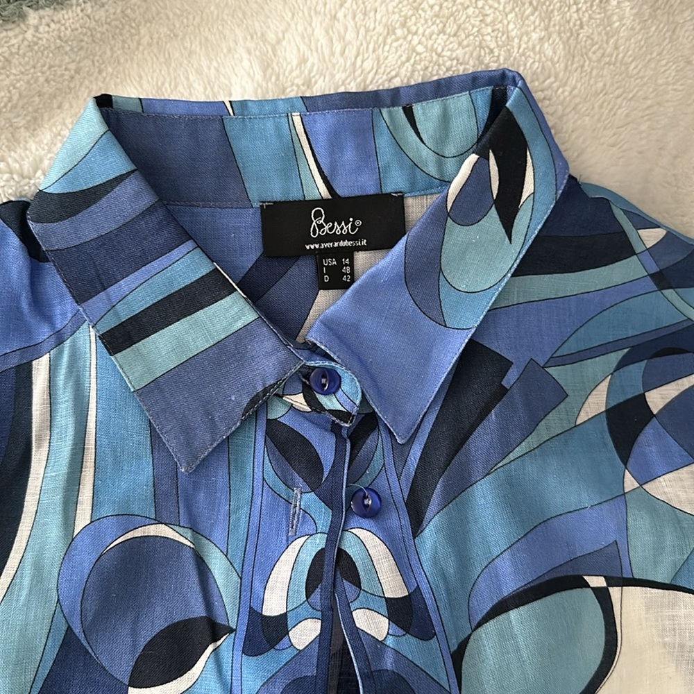 Vintage Bessi Italian Linen Abstract Print Dress Shirt, Size 14 - Picture 3 of 6